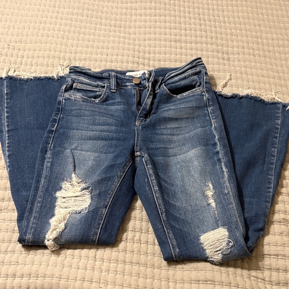 Flying Monkey Distressed Wide Leg Jeans - Blue